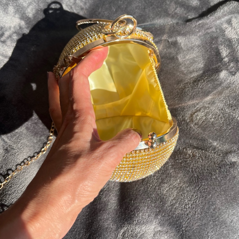 Rhinestone gold ball evening purse with tassels & ring handle. Holiday party. - Picture 8 of 9